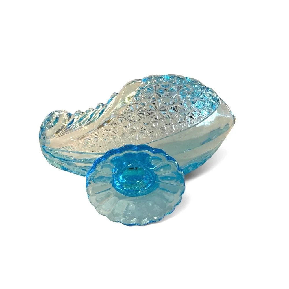 L.G. Wright Daisy & Button Aquamarine Blue Glass Pedestal Bowl 11.75 Oval Bowl